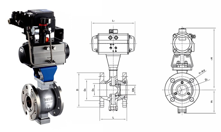 VQ640(F/H/Y)法蘭式氣(qì)動V型(xíng)球閥外形結構圖 V型球閥(圖3)